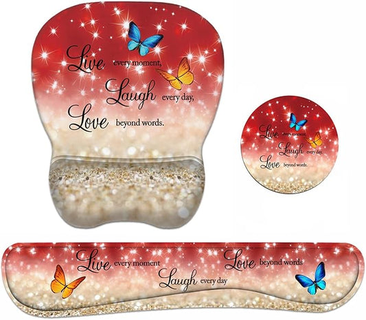 Ergonomic Mouse Pad Wrist Support and Keyboard Wrist Rest Set with Coasters, Non-Slip PU Base, Easy Typing & Pain Relief, Perfect for Home Office Working Studying, Red Glitter Quote Live Laugh Love