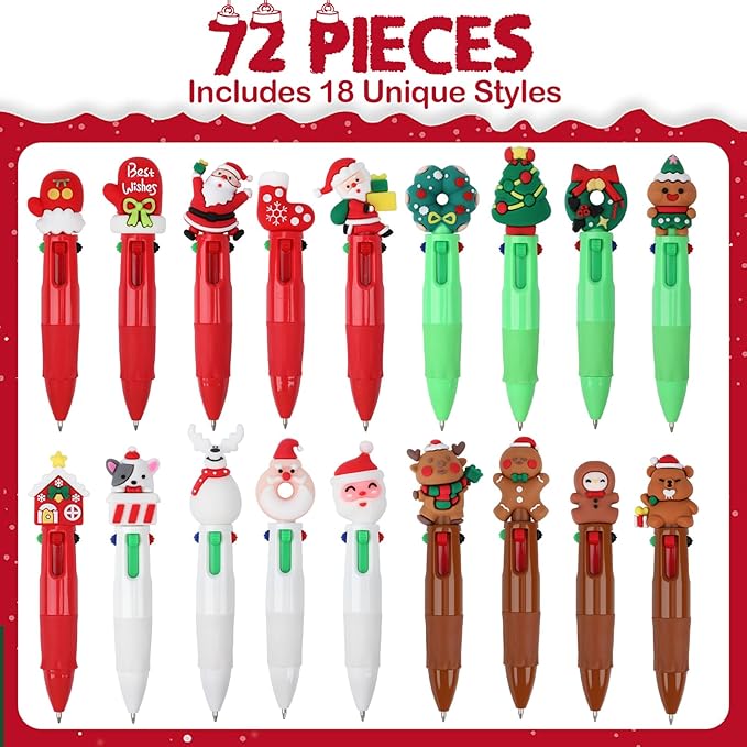 72 Pieces 4-in-1 Mini Christmas Ballpoint Pens Multicolor Ballpoint Pen 0.5mm Christmas Retractable Pens Santa Snowman Reindeer Writing Pencil for Xmas Office Coworker Student School Supplies