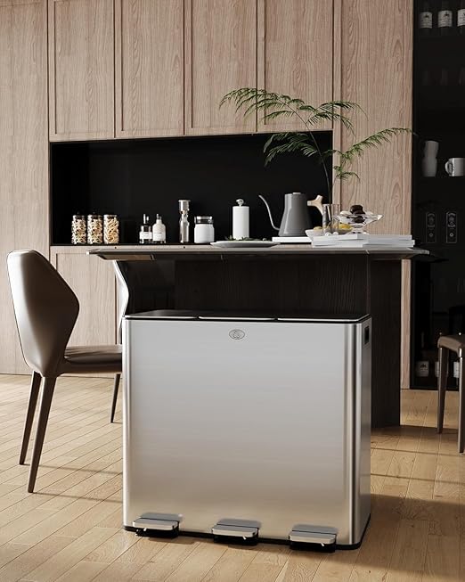 GarveeHome Trash Can 60 L/15.9 gal, Three Compartments Pedal Kitchen Recycling Trash Bin with Lids,Stainless Steel Garbage Can for Home Office Restaurant School Hospital