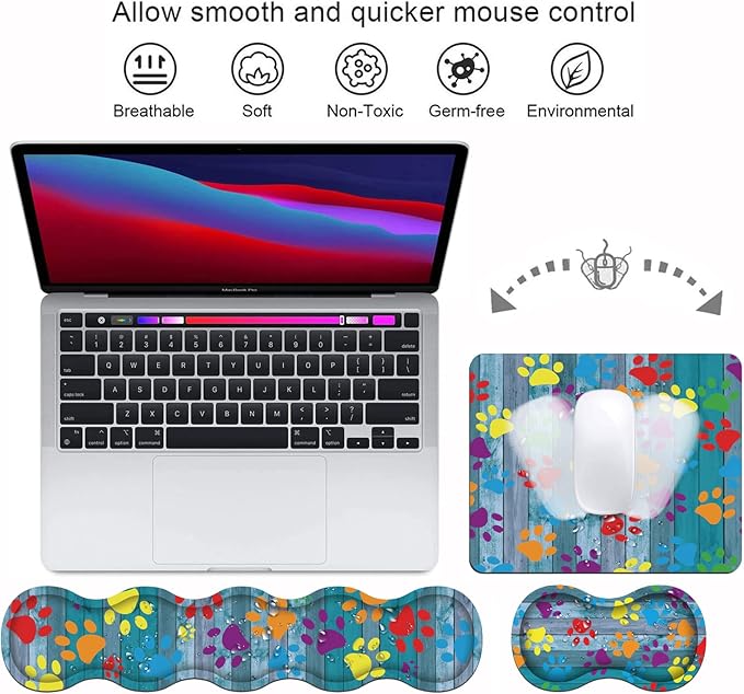 Ergonomic Keyboard Wrist Rest and Mouse Pad Wrist Rest Set with Coasters [4Pcs], Non-Slip Rubber Base for Home Office Working Studying Easy Typing & Pain Relief, Rustic Wooden Board Colorful Paw Print