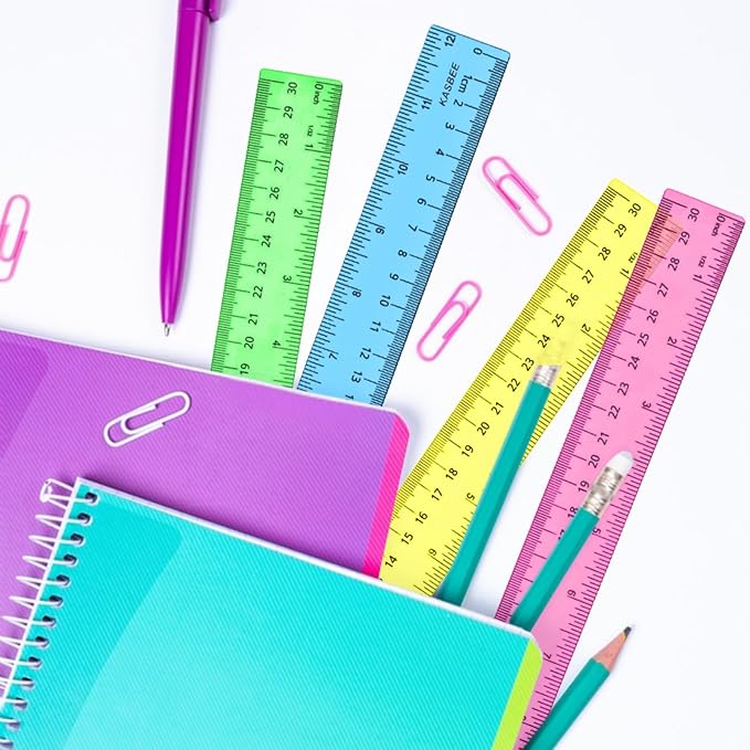 Rulers 12 Inch, Colored Clear Rulers, Plastic Measuring Ruler for Kids, School, Home and Office, Millimeter, Centimeter and Inches, Pack of 7