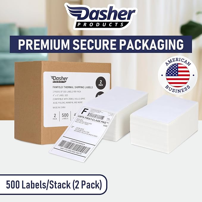 Thermal Shipping Labels 4x6, 1000 Labels/2 Stacks (500 per Stack) Commercial Grade with Permanent Adhesive, Fanfold Direct Thermal Printer Label Compatible with Zebra, Rollo, iDRPT, Polono, MUNBYN