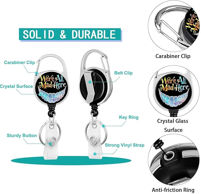 Funny Lanyards for ID Badge Holder for Women, Alice in Wonderland Cheshire Cat Teacher Lanyard with ID Holder Carabiner Clip, Retractable Keychain Badge Reel, Women Nurse Work Office