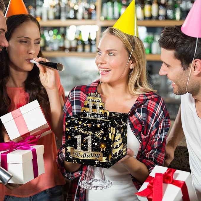 Toerifer 11th Birthday Money Box for Cash, Black/Gold, Unisex, One Size, 5x5x0.1 inches, Pull, Explosion Gift, Party Decor, Includes 35 Bags, Card, Tape, Glue Dots