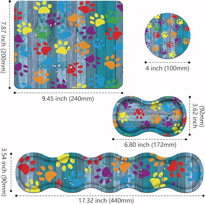 Ergonomic Keyboard Wrist Rest and Mouse Pad Wrist Rest Set with Coasters [4Pcs], Non-Slip Rubber Base for Home Office Working Studying Easy Typing & Pain Relief, Rustic Wooden Board Colorful Paw Print