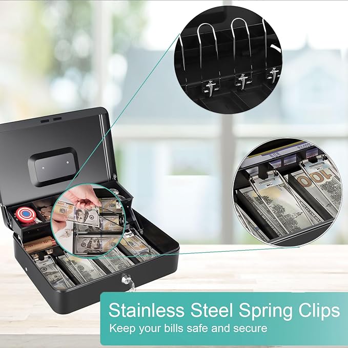 Cash Box with Money Tray and Key Lock, Saving Lock Box with Money Tray Storage for Cash Register 11.8"x9.45"x3.54" Black XL Large