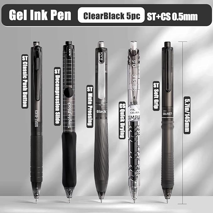 5 Count Pastel Gel Ink Pen Set,Cute Note Taking 0.5mm Fine Point Retractable 5 Count Black Ink Pens for Writing, Journaling, School, Office (Black Clear)