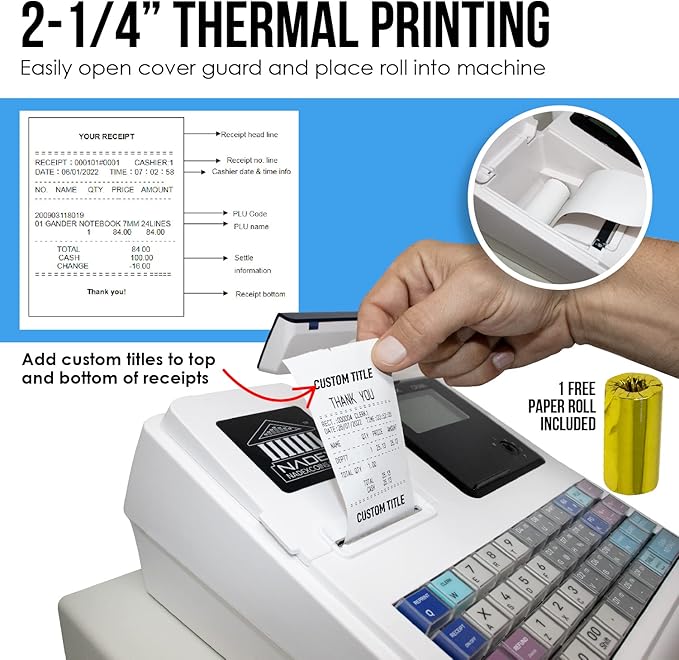 Nadex CR360 Cash Register, 4700 Lookups 50 Dept 50 Clerks, Quick Load Thermal Printer, Compact Size, Cash and Coin Drawer, White