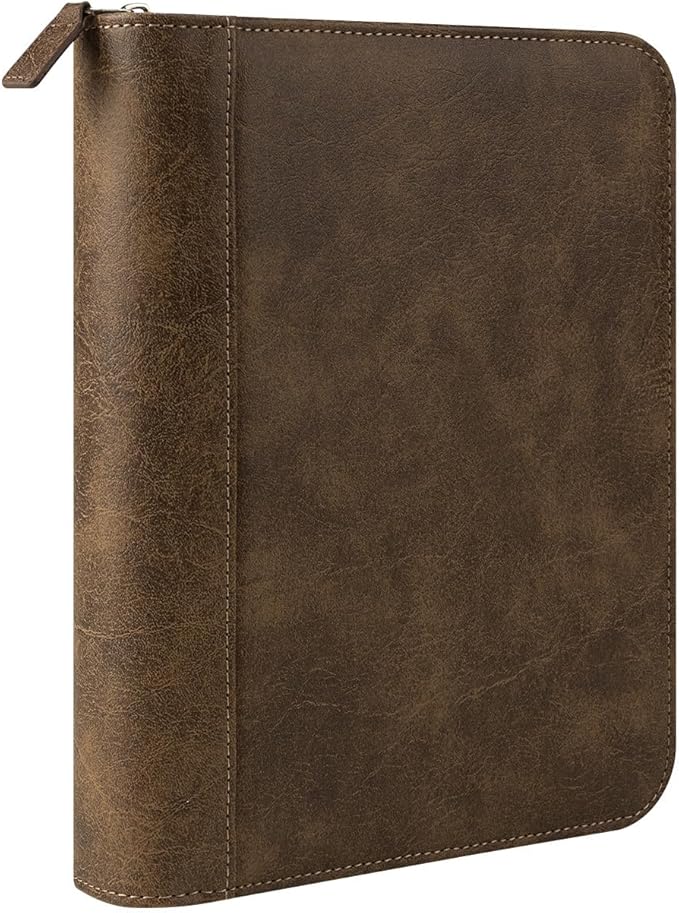 FranklinCovey - FC Basics Ring-Bound Binder for FranklinCovey Planners | Distressed Simulated Leather - Zipper Binder (Classic, Brown)