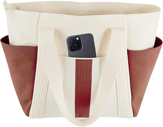 Large Canvas Tote Bag,White and Green, with Laptop Sleeve and Multiple Pockets