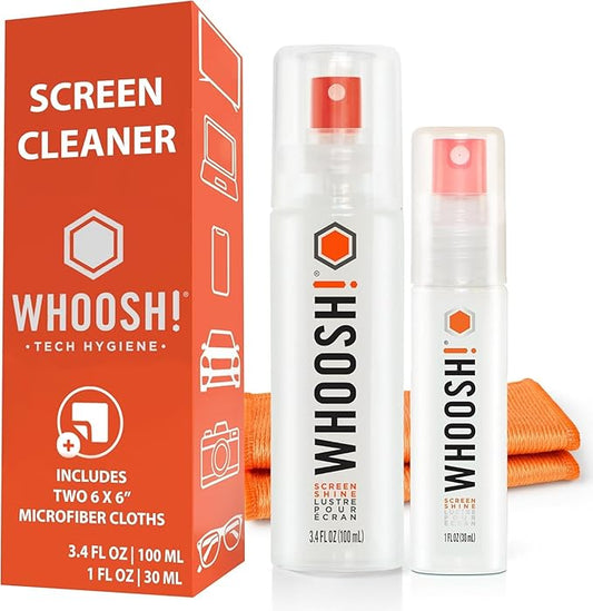 WHOOSH! Screen Shine Duo XL - Screen Cleaner Spray and Wipe for Eyeglasses, Phone & Laptop - Removes Fingerprints - Includes 3.4 oz + 1 oz Leak-Free Bottles & 2 Microfiber Cloths for Home & Travel