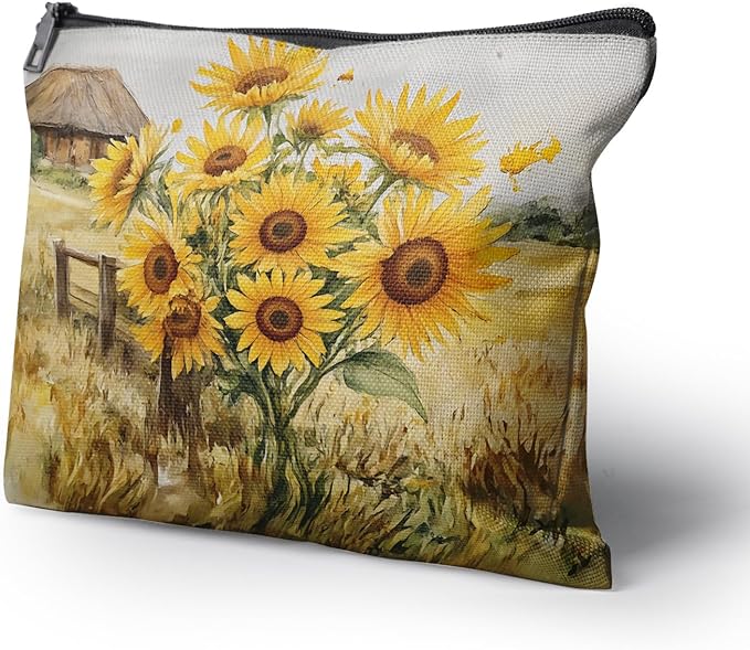 Cafl Sunlit Barnyard Makeup Bag Sunflower Field Cosmetic Bag for Women Large Capacity Make Up Bag Portable Travel Toiletry Pouch Organizer 10 * 8inch