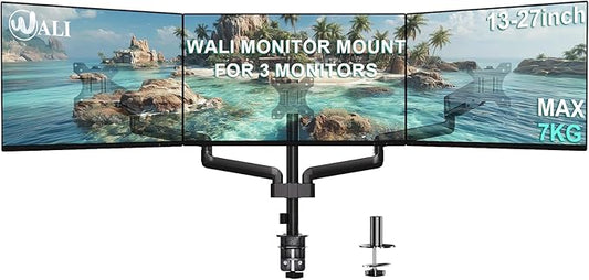 WALI Triple Monitor Mount for 13-27 inch Screens, Adjustable 3 Monitors Desk Mount with Swivel, Tilt, Clamp & Grommet Kit, Gas Spring Arm Triple Monitor Stand, VESA 75x75/100x100mm (GSDM003), Black
