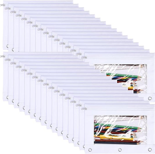 Marspark 30 Packs Pencil Pouch 3 Ring Binder Pen Pouch Cloth Pencil Pouches Zipper Pen Case Bag with Clear Window for School Office Writing Supplies Gifts (White)