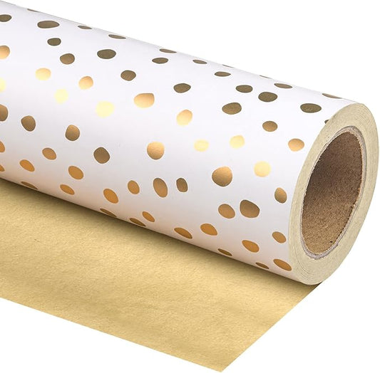 WRAPAHOLIC Reversible Wrapping Paper - Mini Roll - 17 Inch X 33 Feet - Gold Print and Delicate Polka Dots Design for Birthday, Christmas, Wedding, Baby Shower