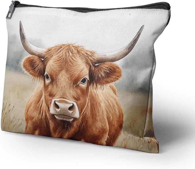 Cafl Majestic Highland Cow Makeup Bag for Women Large Capacity Make Up Bag Portable Travel Cosmetic Bag Toiletry Pouch Organizer 10 * 8inch
