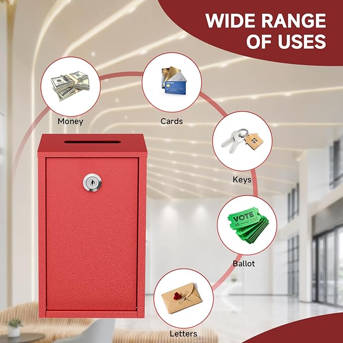 Money Drop Box with Lock and Slot, Money Lock Box with Slot on Top, Metal Donation Box for Money Collection, Wall Mounted Money Deposit Box, Farmstand Cash Suggestion Box for Home/Office/Outdoor -Red