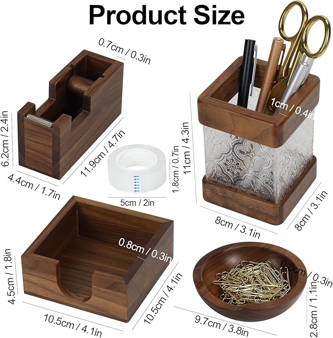 MultiBey 4PCS Walnut Office Supplies Desk Organizers, Wood Sticky Notes Holder Tape Dispenser Cutter Wooden Pencil Holder and Paper Clip Holder for Office Home School