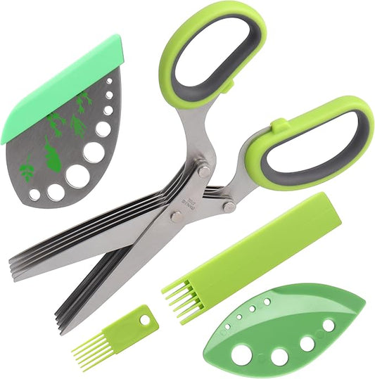 Herb Scissors, Premium Stainless Steel 5 Blade Kitchen Salad Scissors Dishwasher Safe, Sharp and Convenient 5 Blade with Safety Cover, Herb Stripping Tool and Cleaning Comb