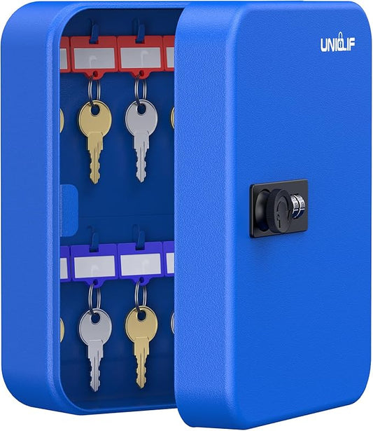 Uniclife 20 Keys Key Lock Box with Code, Wall Mount Lock Box for Keys with Code, Key Organizer with Tags, Key Cabinet, Key Storage Box for Home Office & Company, Blue