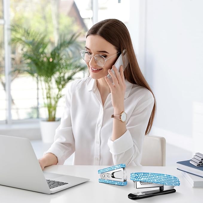 Demissle 6 Pcs Bling Office Desk Accessories Set Crystal School Stationery Kit Scissor Stapler with Staple, Tape Dispenser, Diamond Pen, Staple Remover, Binder Clip, Paper Clip, Push Pins(Blue)
