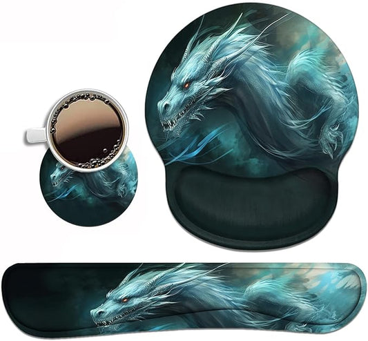 Keyboard Wrist Rest and Mouse Pad Wrist Support Set with Coasters, Ergonomic Gaming Mousepad Non-Slip PU Base for Home Office Working Studying Easy Typing & Pain Relief - Dragon