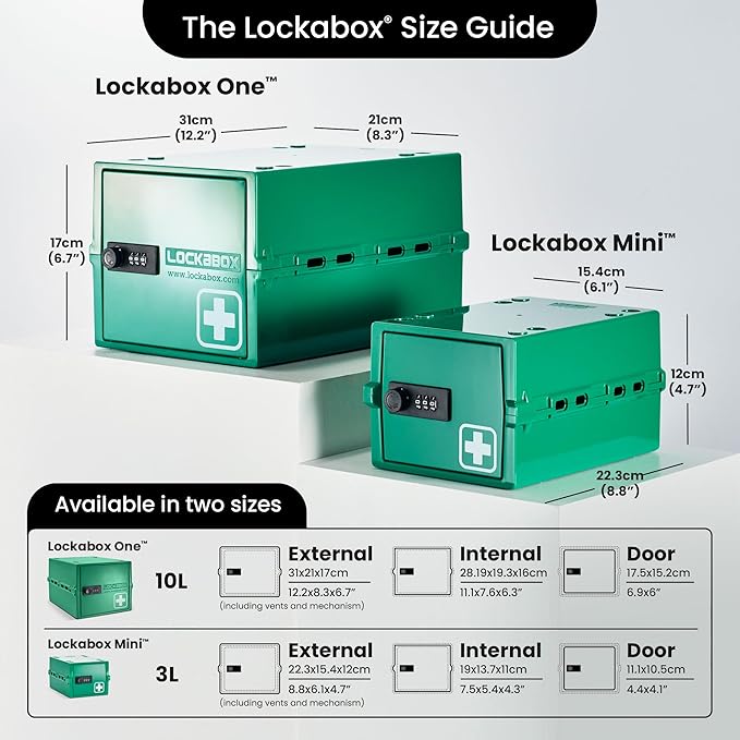 Lockabox Mini™ | Small Medicine Lock Box with Combination Lock (Half Letter Sized) | Mini Medical Lockable Box For Tablets, Creams & Medical Pens | External Size 8.8 x 6.1 x 4.7 Inches (Medi Green)