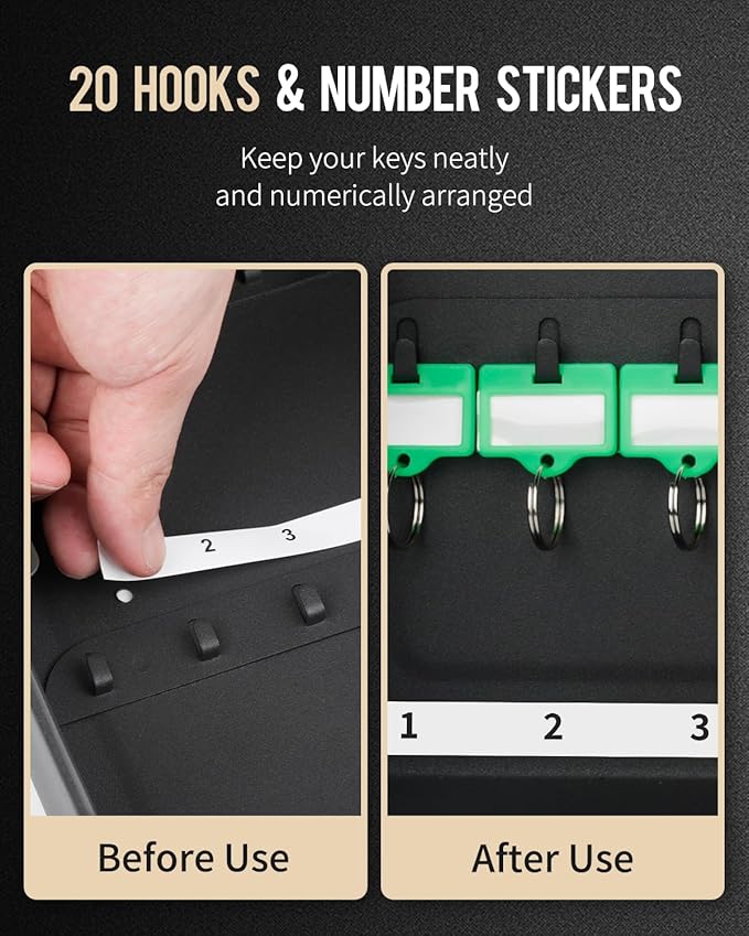 Uniclife 20 Position Key Cabinet with Combination Lock Resettable Black Digital Security Storage Box Steel Key Organizer with Colorful Key Tag Labels Stickers and Hooks