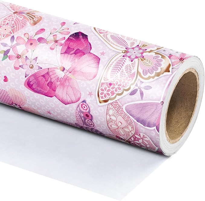 WRAPAHOLIC Pink Butterfly Wrapping Paper Roll - Mini Roll - 17 Inch x 9.8 Feet - Fantasy Butterfly Design, Perfect for Birthday, Wedding, Bridal Shower