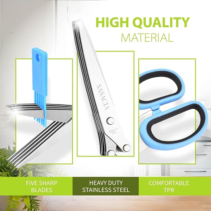 Herb Scissors with 5 Blades & Cleaning Kit, Stainless Steel Kitchen Shears for Herbs, Lettuce, Cilantro, Dishwasher Safe, Soft-Grip Handle