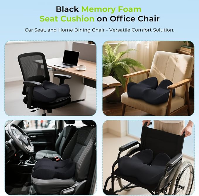 Seat Cushion,Office Chair Cushion for Sciatica,Ergonomic Memory Foam Seat Cushion for Car,Coccyx Cushion,Sciatica & Back Support,19" x 16" All Day Comfort Black Chair Cushion