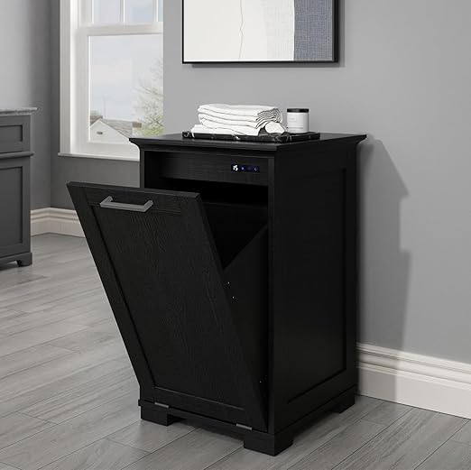 OLD CAPTAIN Wooden Tilt Out Trash Cabinet, Wooden Kitchen Garbage Can Free Standing Holder, Black Finish