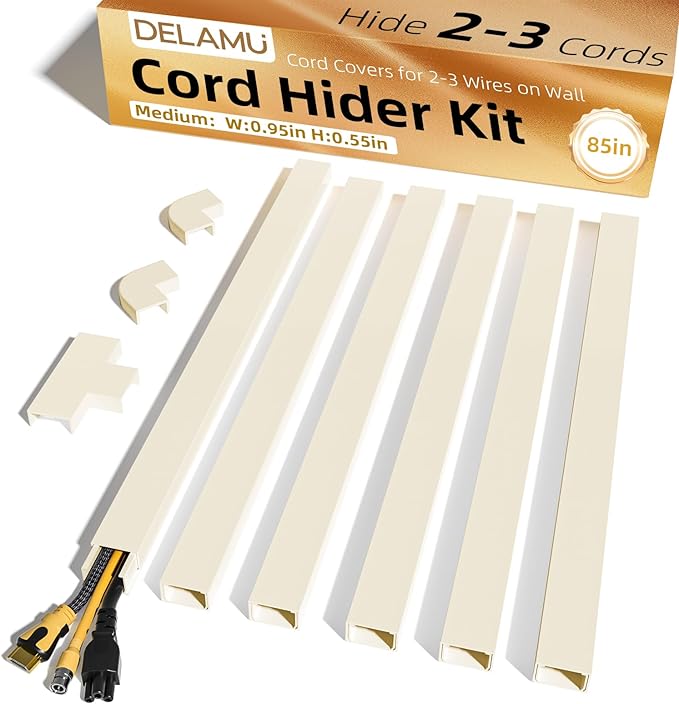 Delamu Cord Hider, 85in Cord Covers for 2-3 Wires on Wall, Self-Adhesive Cable Hider, Paintable Wire Hiders Wire Covers for TV Cords on Wall, Easy Mount Cable Cover Raceway Kit, W0.95 H0.55in, Beige