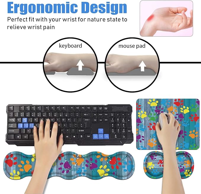 Ergonomic Keyboard Wrist Rest and Mouse Pad Wrist Rest Set with Coasters [4Pcs], Non-Slip Rubber Base for Home Office Working Studying Easy Typing & Pain Relief, Rustic Wooden Board Colorful Paw Print