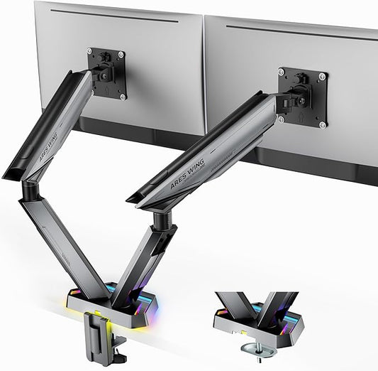 ARES WING RGB Dual Monitor Arm for 17-38" Ultrawide Screens, Holds 35.2lbs, Heavy Duty Dual Monitor Stand for Desk, Adjustable Double Mount with Clamp & Grommet Base, 75/100 VESA Mount, Gray