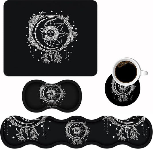 Ergonomic Keyboard Wrist Rest and Mouse Pad Wrist Rest Set with Coasters [4Pcs], Non-Slip Rubber Base for Home Office Working Studying Easy Typing & Pain Relief, Celestial Theme Sun with Crescent Moon