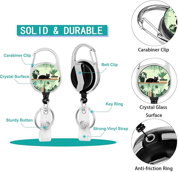 Cute Black Cat Lanyard with ID Holder, Book Shelf Plant ID Badge Holder with Retractable Badge Reel Carabiner Clip，Breakaway Lanyard Keychain Name Tag ID Card Holder for Teacher Student