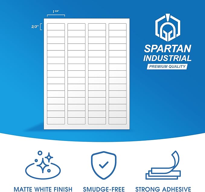1 3/4" X 2/3" Matte White Printable Labels for Inkjet and Laser Printers - 500 Sheets, 30000 Custom Stickers for Return Address Labels, Price Tags, File Folders - Spartan Industrial Template R003