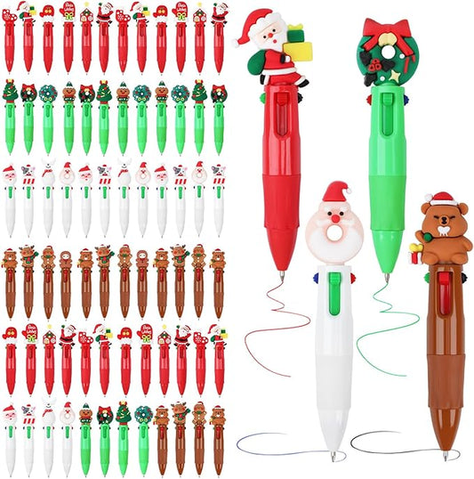 72 Pieces 4-in-1 Mini Christmas Ballpoint Pens Multicolor Ballpoint Pen 0.5mm Christmas Retractable Pens Santa Snowman Reindeer Writing Pencil for Xmas Office Coworker Student School Supplies