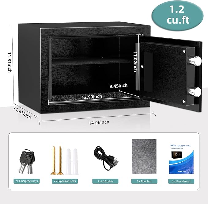 Safe,1.2Cubic Feet Safe Box,Anti-Theft Digital Security Lock Box with Electronic Keypad and Key, Fire Proof Safes for Home Documents Firearm Medicine Money,14.96"W x 11.81"D x 11.81"H