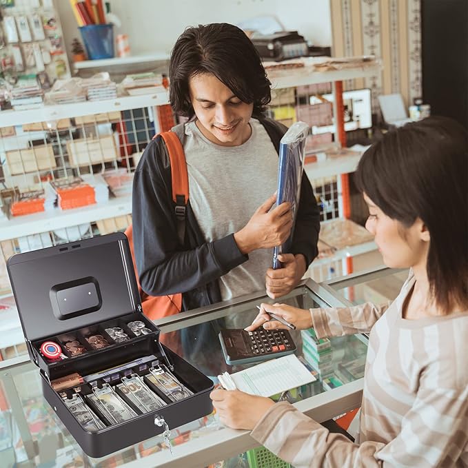 Cash Box with Money Tray and Key Lock, Saving Lock Box with Money Tray Storage for Cash Register 11.8"x9.45"x3.54" Black XL Large