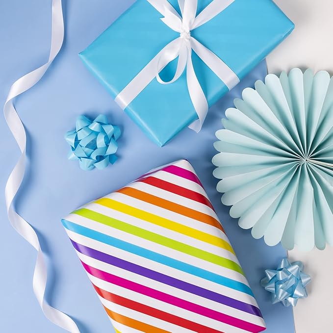 WRAPAHOLIC Reversible Wrapping Paper - Mini Roll - 17 Inch x 33 Feet - Rainbow Stripe and Solid Blue Design for Birthday, Celebration, Baby Shower