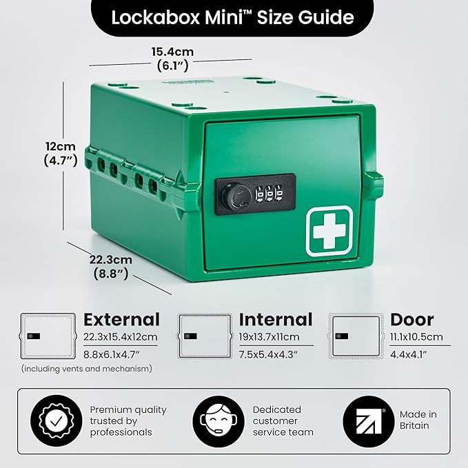 Lockabox Mini™ | Small Medicine Lock Box with Combination Lock (Half Letter Sized) | Mini Medical Lockable Box For Tablets, Creams & Medical Pens | External Size 8.8 x 6.1 x 4.7 Inches (Medi Green)