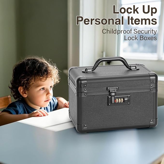 Large Lock Box - 10.2x6.7x6.9 Inch Lockable Security Storage Case with Combination Lock, Locking Medicine Box for Personal Items, Passports and Pills, Lockbox for Home Office, Black