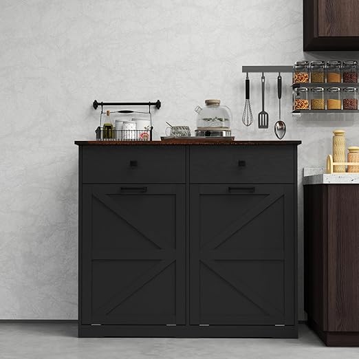 Double Tilt Out Trash Cabinet 20 Gallon Wooden Free Standing - Pet Proof Recycling Bin with Hideaway Drawer for Kitchen, Bathroom, Living Room (Black, Large)