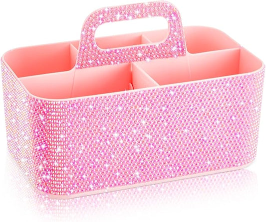 Marspark Bling Makeup Caddy Organizer with Handle, Sparkly Art Craft Holder, Glitter Bathroom Hair Caddy, Shimmer Pen Pencil Holder for Women Desk Organizer, Bling Gifts for Women(Pink,AB Diamond)