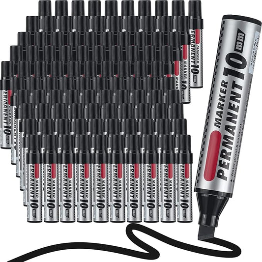 Patelai 100 Pack Jumbo Size Markers Bulk, Black 10mm Chisel Tip Large Marker Pens, Waterproof Quick Dry Markers for Industrial Art, Work on Metal Wood Plastic Glass