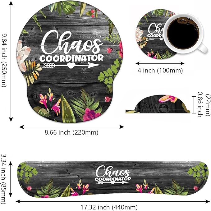 Keyboard Wrist Rest and Mouse Pad Wrist Support Set with Coasters, Chaos Coordinator Quotes Colored Floral Wreath Print Wrist Support Mouse Pad with Non-Slip PU Base for Home Office Working Studying