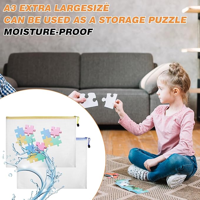 24PCS Mesh Zipper Pouch Bags, A3 17x12 Inches Waterproof Plastic File Puzzle Storage Bags 8 Colors Large Reusable Clear Travel Pouches for Organizing Board Game Office Home School Supplies