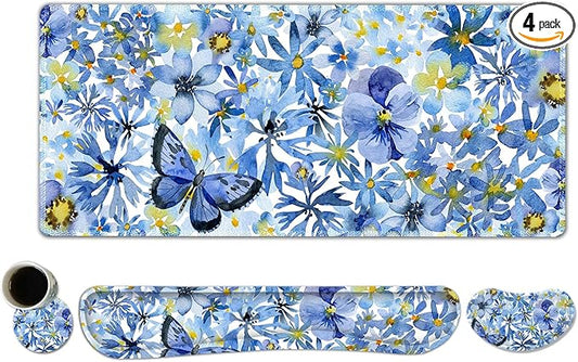 ToLuLu Desk Mat, Gaming Mouse Pad Wrist Support 4 in1 Set, XXL Large Mouse Pad + Keyboard Wrist Rest + Memory Foam Cushion Mouse Wrist Rest for Pain Relieve + Coaster Computer, Butterfly Loves Flower